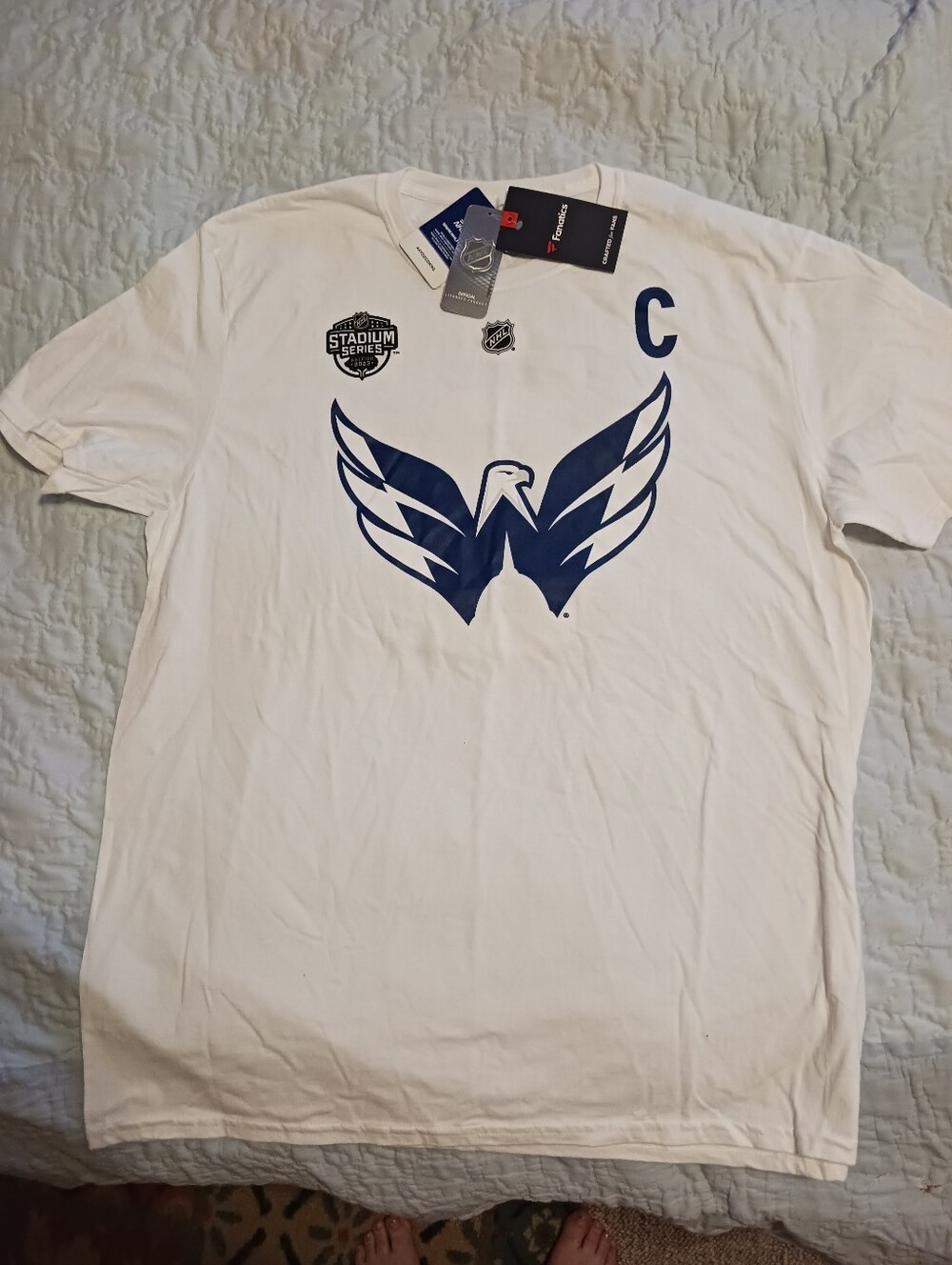Fanatics Men’s White NHL Stadium Series Captain Tee with Navy Logo